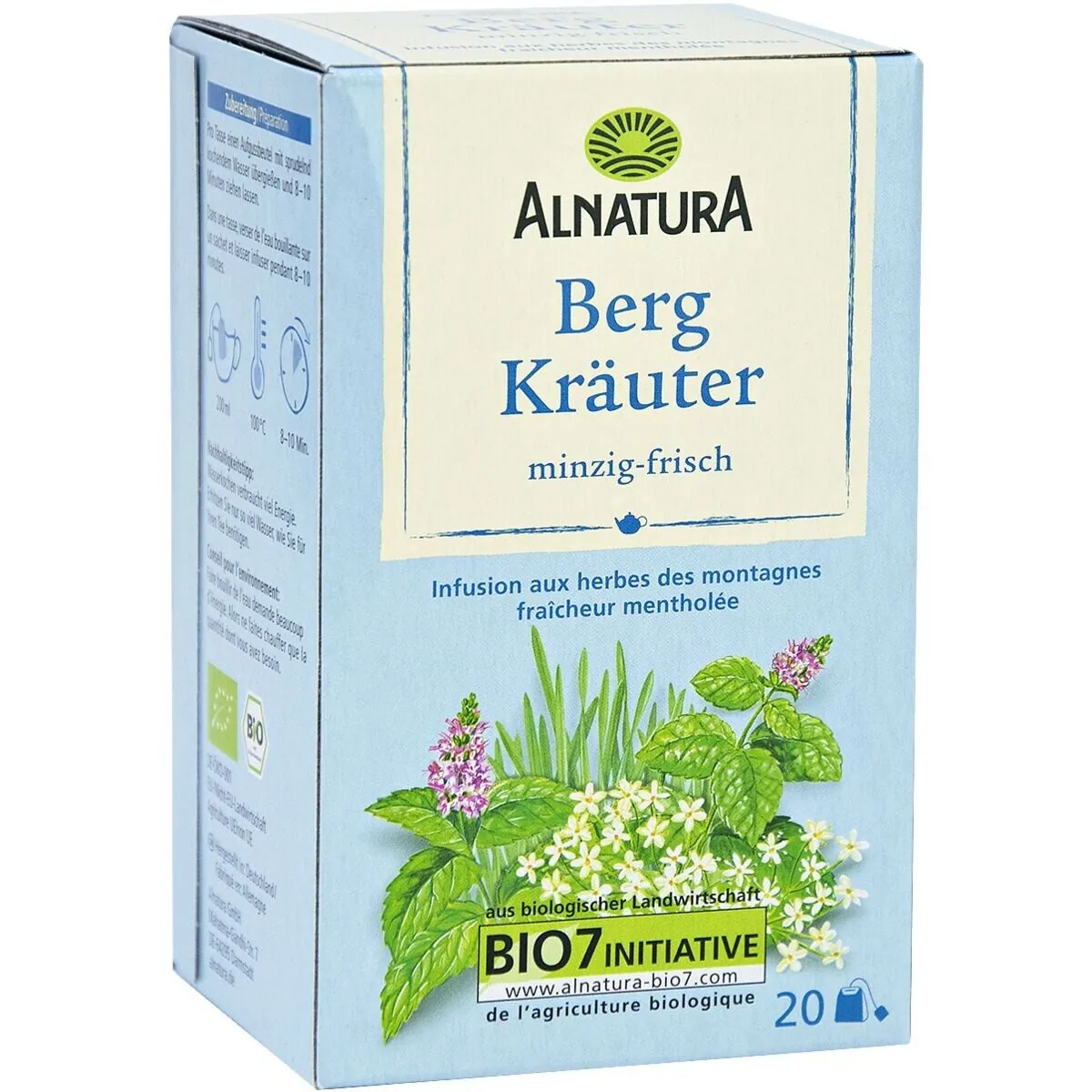 Alnatura Bergkräuter Tee, aromatische Kräutermischung, 20 Aufgussbeutel