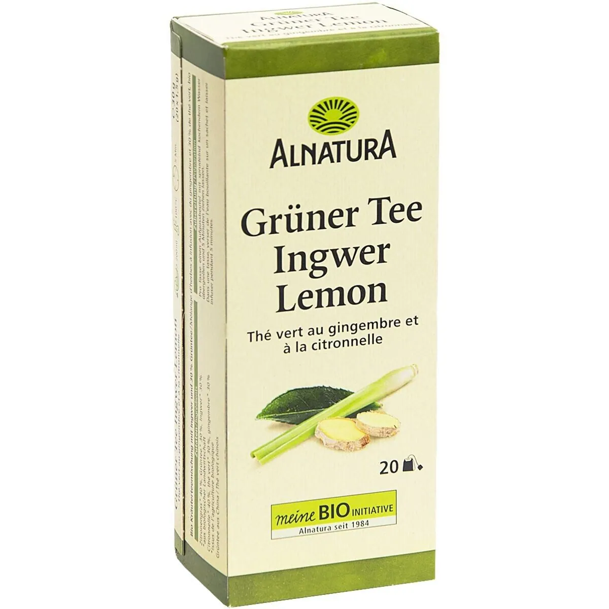Alnatura Ingwer-Lemon Tee, aromatisierter Grüntee, 20 Aufgussbeutel — erfrischend, vegan, ideal für warme und kalte Zubereitung