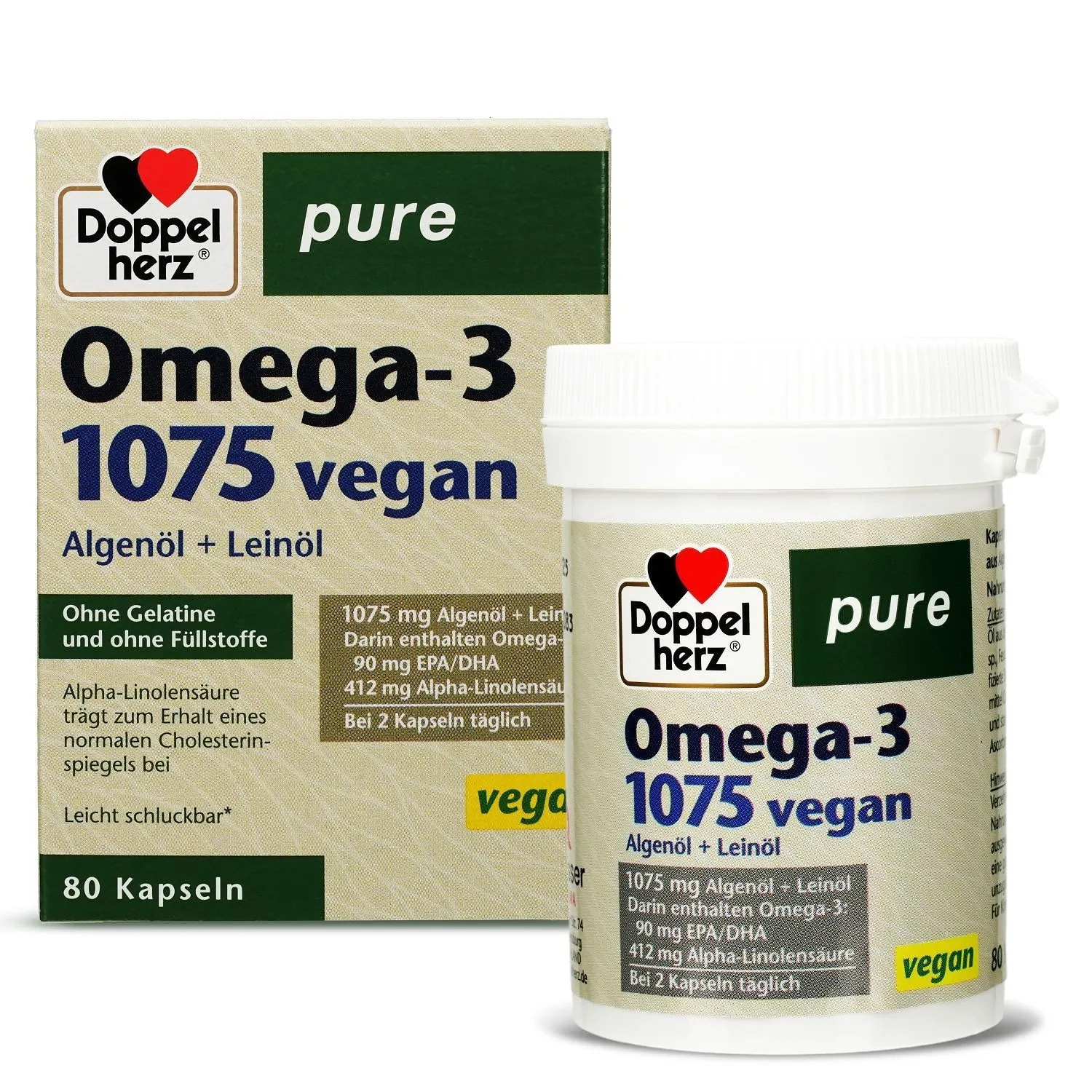 Doppelherz Omega-3 1075 vegan Kapseln, kleine leicht schluckbare Kapseln, 80 Stück