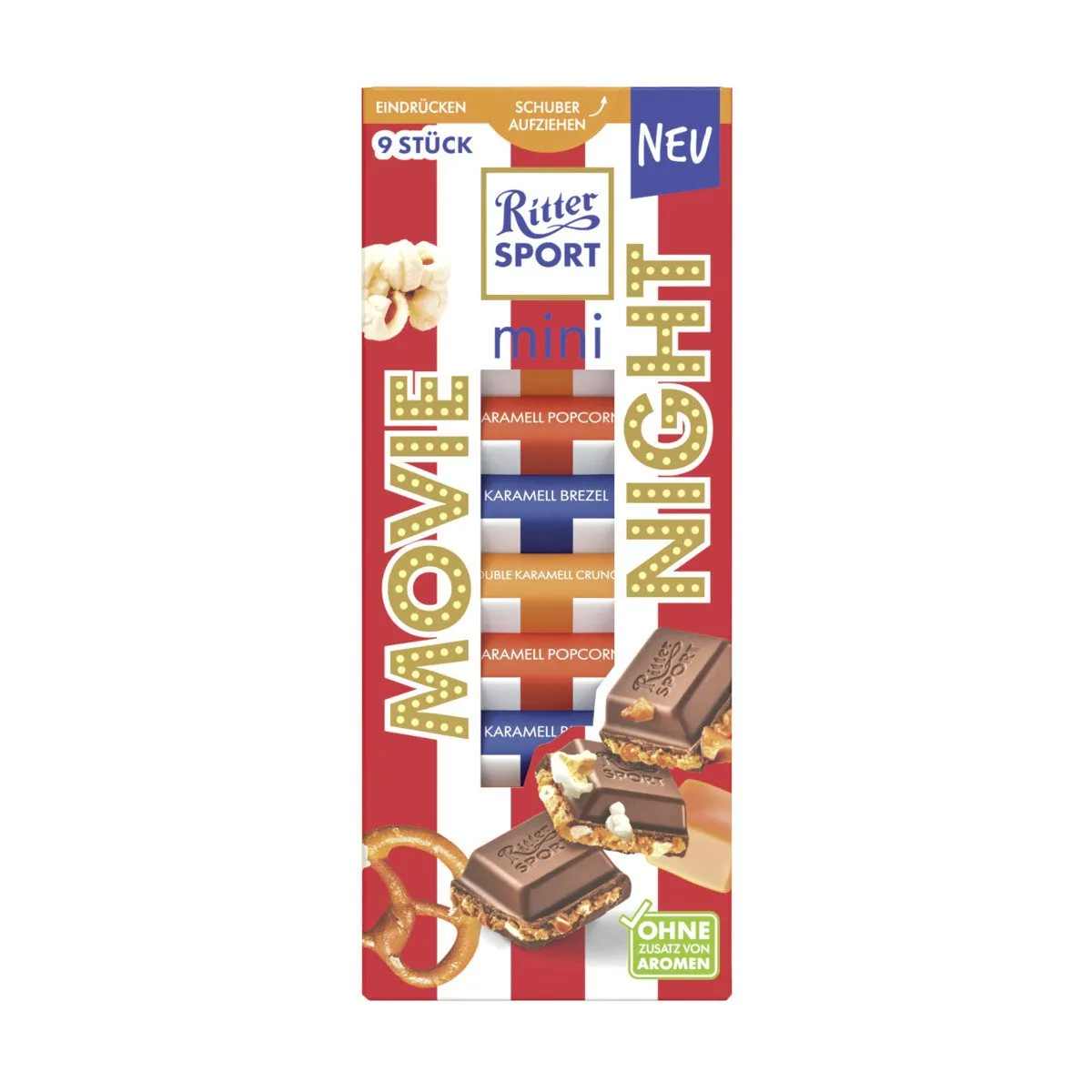 Ritter Sport Mini Movie Night, 9er Mix beliebter Karamell-Varianten — ideal für Filmabende
