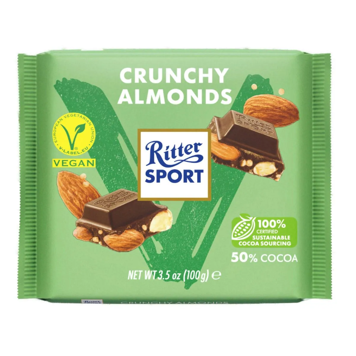 Ritter Sport Vegan Crunchy Mandel, vegane Schokoladentafel mit Mandeln — 100g