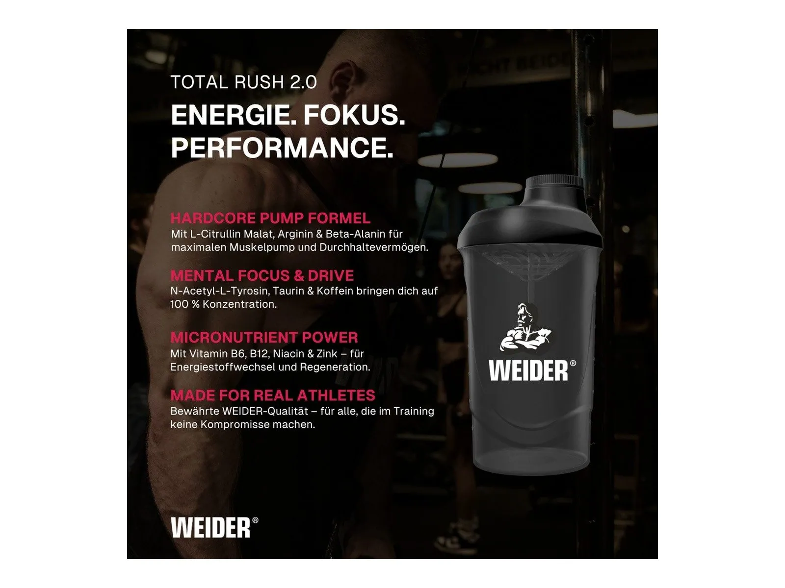 Weider Total Rush 2.0 Pulver, hochdosierter Pre-Workout Booster, 200 mg Koffein, Aminosäuren, Kreatin 3